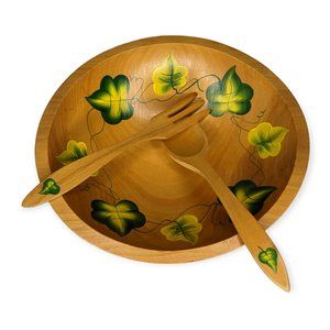 Vintage Wooden Footed Bowl with Matching Utensils